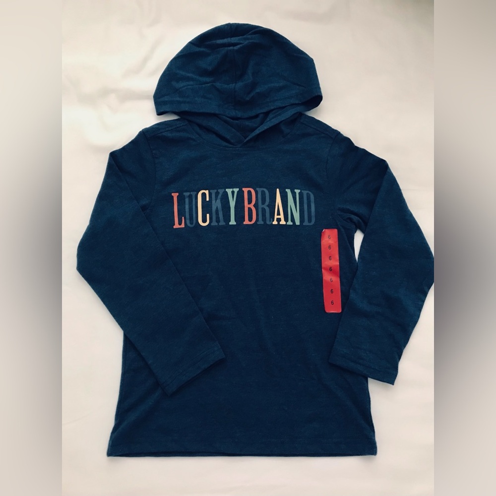 Lucky Brand Boy's Blue Long Sleeve Hooded T-shirt Size 6, Multicolor Name Logo